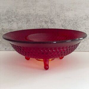 Vintage Amberina Hobnail Glass Two Tone Red Orange 3-Toe Footed Bowl 6-3/8"